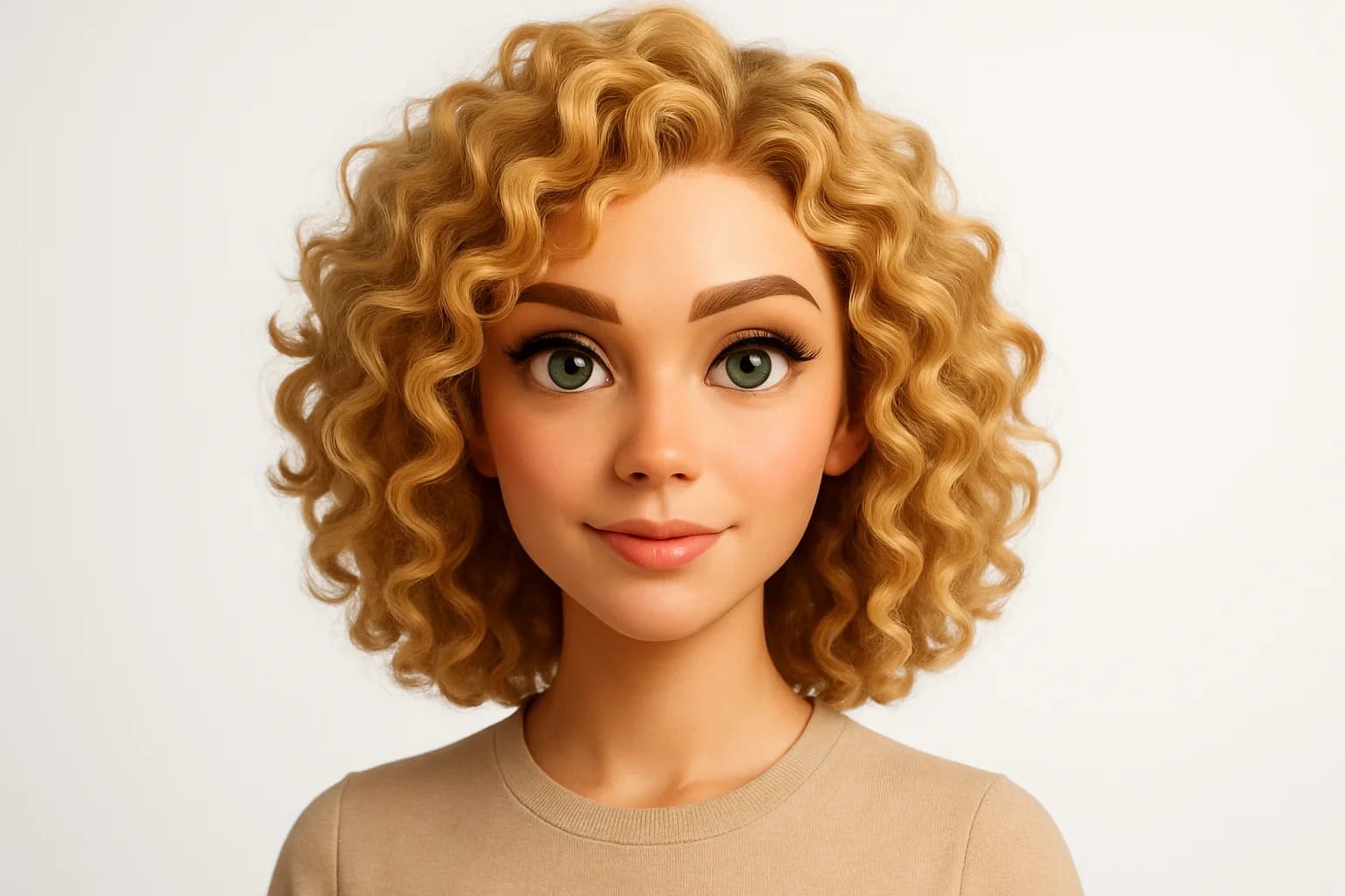 Avatar digitale di donna bionda con capelli ricci e occhi verdi